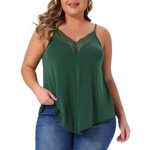 Plus Size Cami Tank V-Neck Lace Front Camisole Spaghetti Strap Tops Green